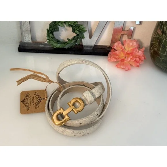 Anna Pellissari Size L Gold Tone Buckle Beige Gray Animal Print Leather Belt NWT